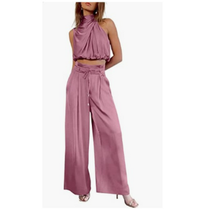 Set due pezzi da donna con top corto halter e pantaloni a gamba larga