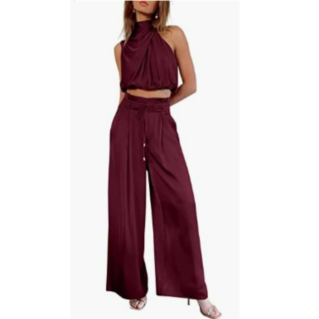 Set due pezzi da donna con top corto halter e pantaloni a gamba larga