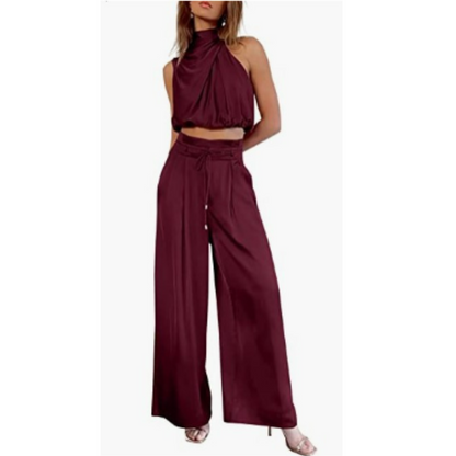 Set due pezzi da donna con top corto halter e pantaloni a gamba larga