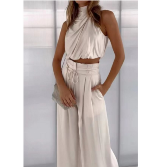 Ensemble deux pièces top court dos nu et pantalon à jambes larges pour femmes