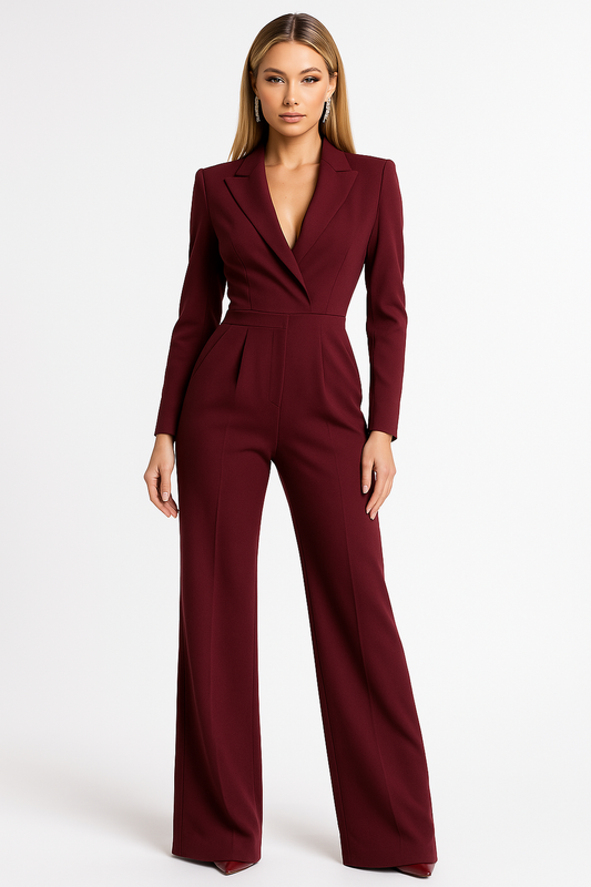 Combinaison formelle col revers jambes larges femme | Manches longues
