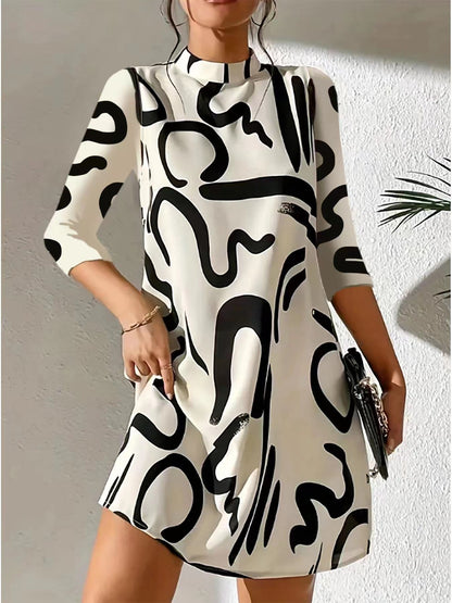 Damen Lässig Locker Sitzendes Stehkragen Kleid | 3/4 Ärmel