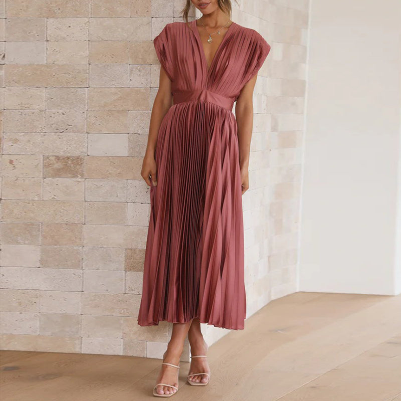 Robe plissée à col en V pour invitée de mariage | Midi