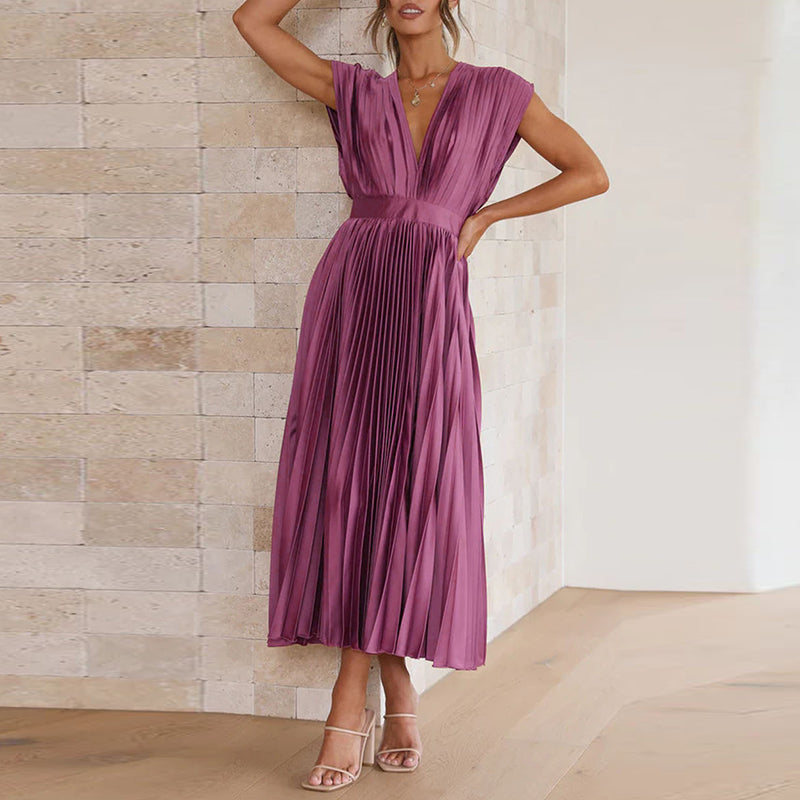 Robe plissée à col en V pour invitée de mariage | Midi