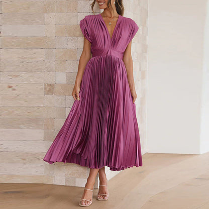 Robe plissée à col en V pour invitée de mariage | Midi