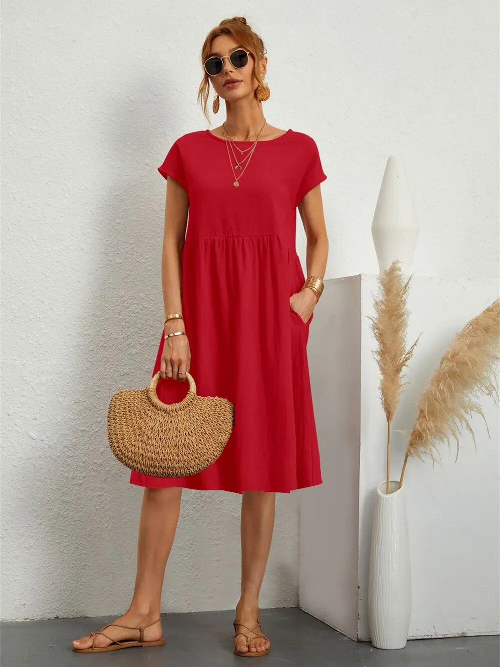 Robe midi décontractée à manches courtes pour femmes | Avec poches