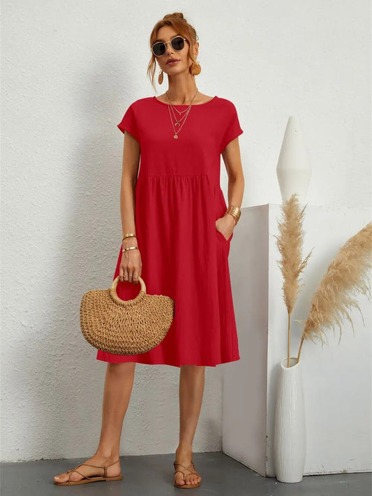 Robe midi décontractée à manches courtes pour femmes | Avec poches