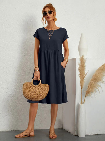 Robe midi décontractée à manches courtes pour femmes | Avec poches