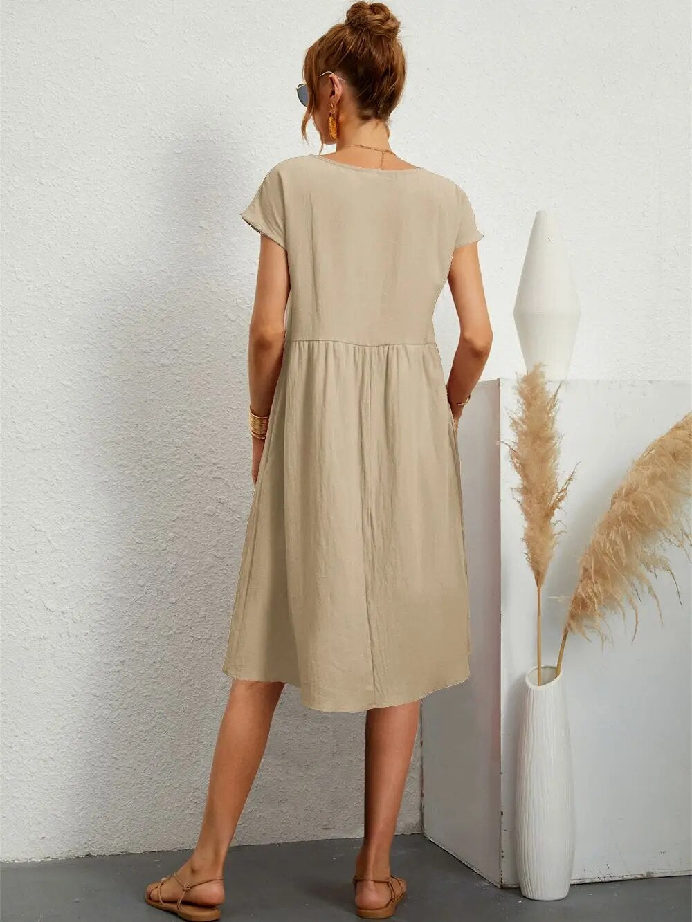 Robe midi décontractée à manches courtes pour femmes | Avec poches