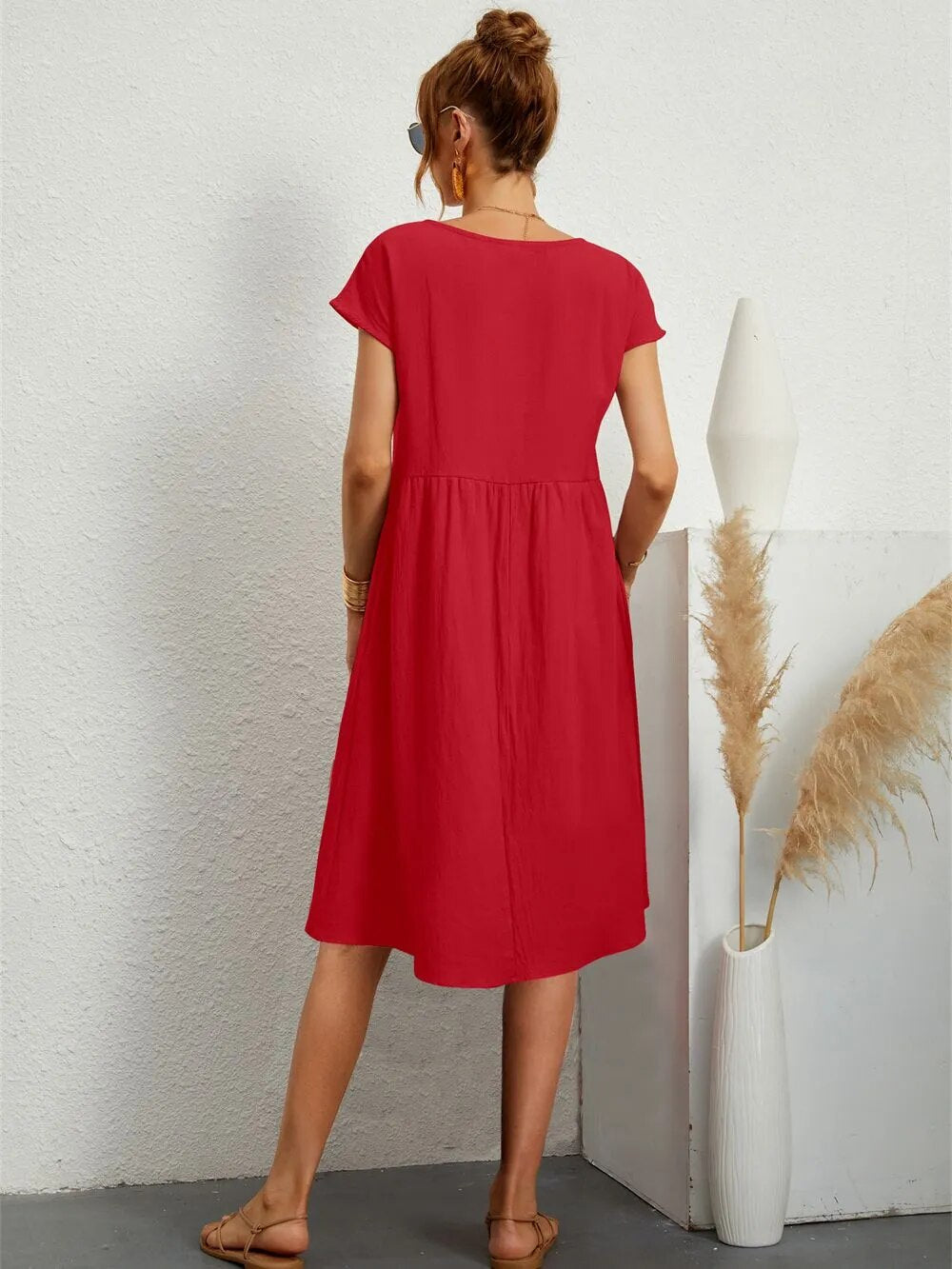 Robe midi décontractée à manches courtes pour femmes | Avec poches