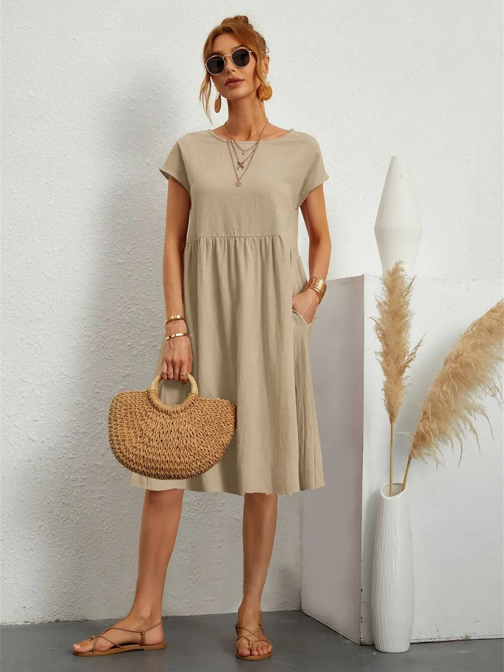 Robe midi décontractée à manches courtes pour femmes | Avec poches