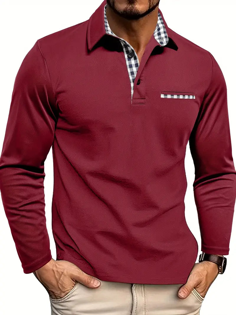 Polo business décontracté à manches longues pour hommes | À carreaux