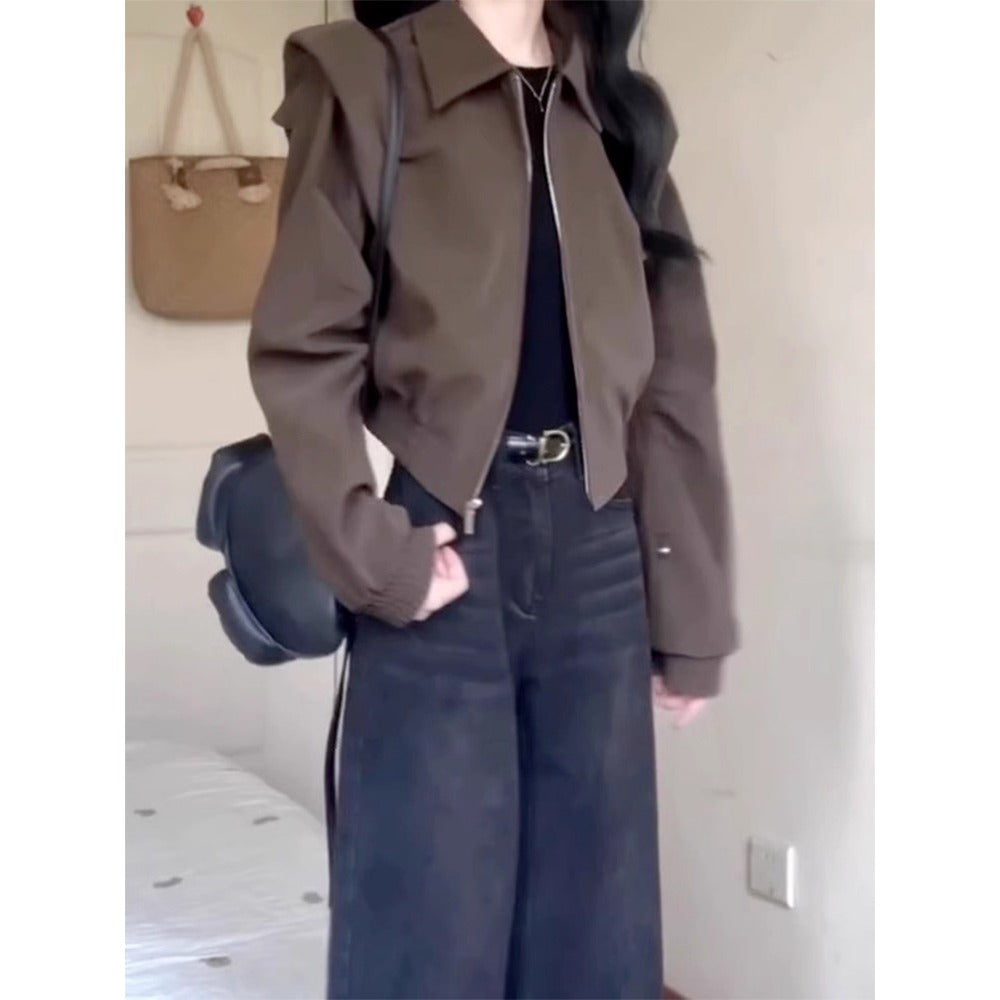 Veste courte marron zippée à manches longues pour femmes - Ester