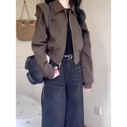 Veste courte marron zippée à manches longues pour femmes - Ester