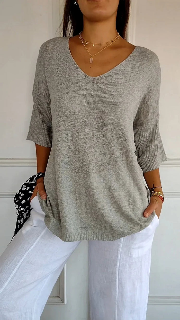 T-shirt décontracté à manches 3/4 et col en V pour femmes
