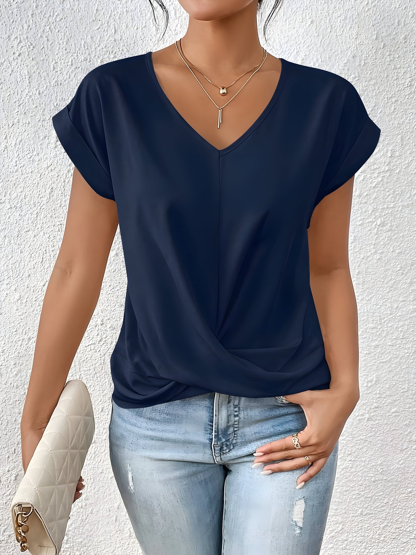 T-shirt uni col en V femme | Manches courtes