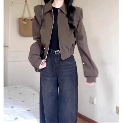 Veste courte marron zippée à manches longues pour femmes - Ester