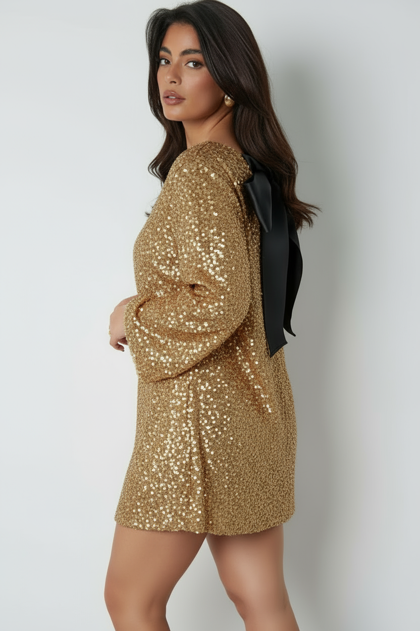 Women's Long Sleeve Wedding Guest Dress with Bow Details | Mini