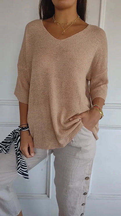 T-shirt décontracté à manches 3/4 et col en V pour femmes