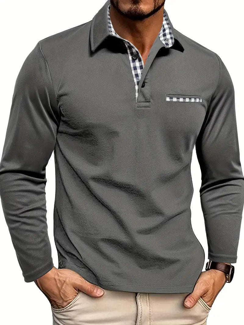Polo business décontracté à manches longues pour hommes | À carreaux