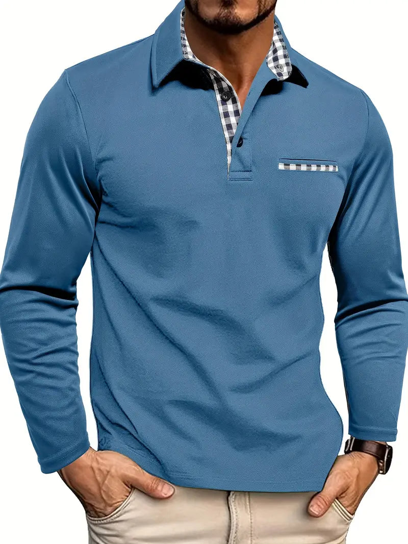 Polo business décontracté à manches longues pour hommes | À carreaux