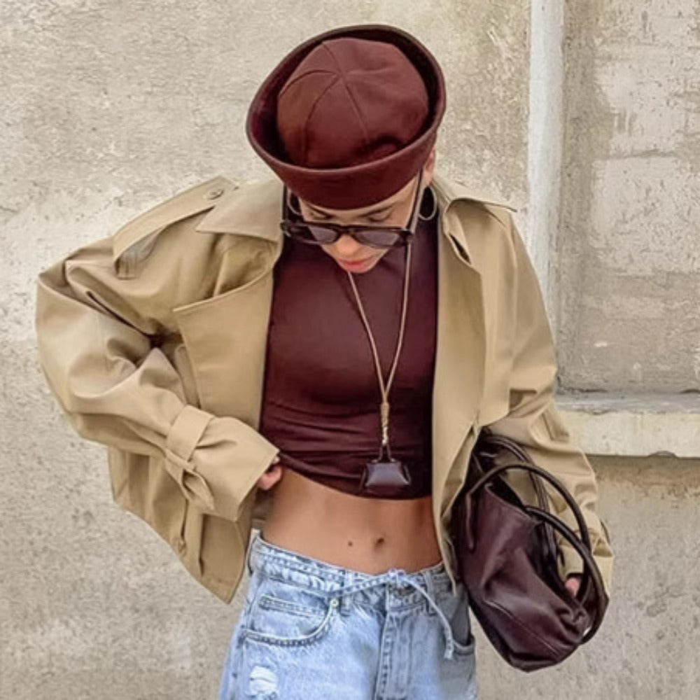 Trench-coat court kaki à large col pour femmes – Romana