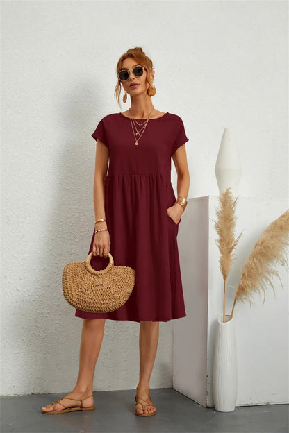 Robe midi décontractée à manches courtes pour femmes | Avec poches