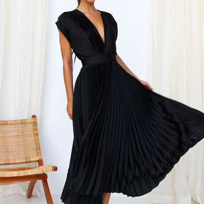 Robe de soirée plissée à col en V pour femmes | Maxi