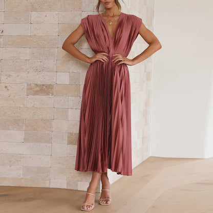 Robe de soirée plissée à col en V pour femmes | Maxi