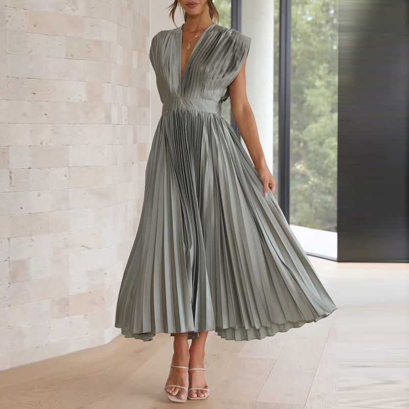 Robe de soirée plissée à col en V pour femmes | Maxi