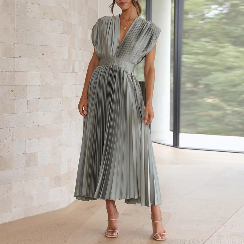 Robe de soirée plissée à col en V pour femmes | Maxi