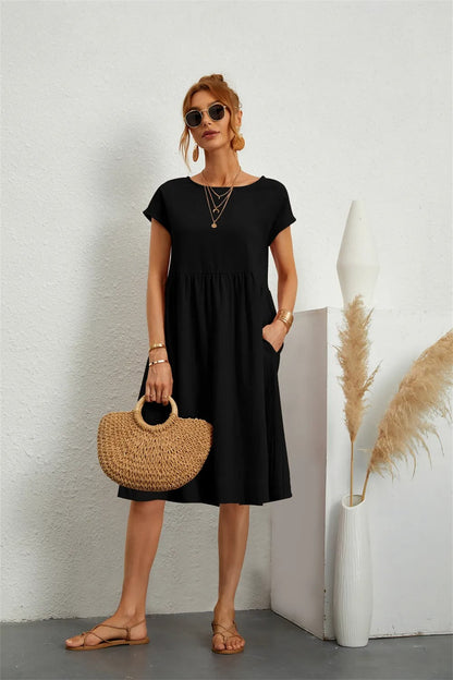 Robe midi décontractée à manches courtes pour femmes | Avec poches