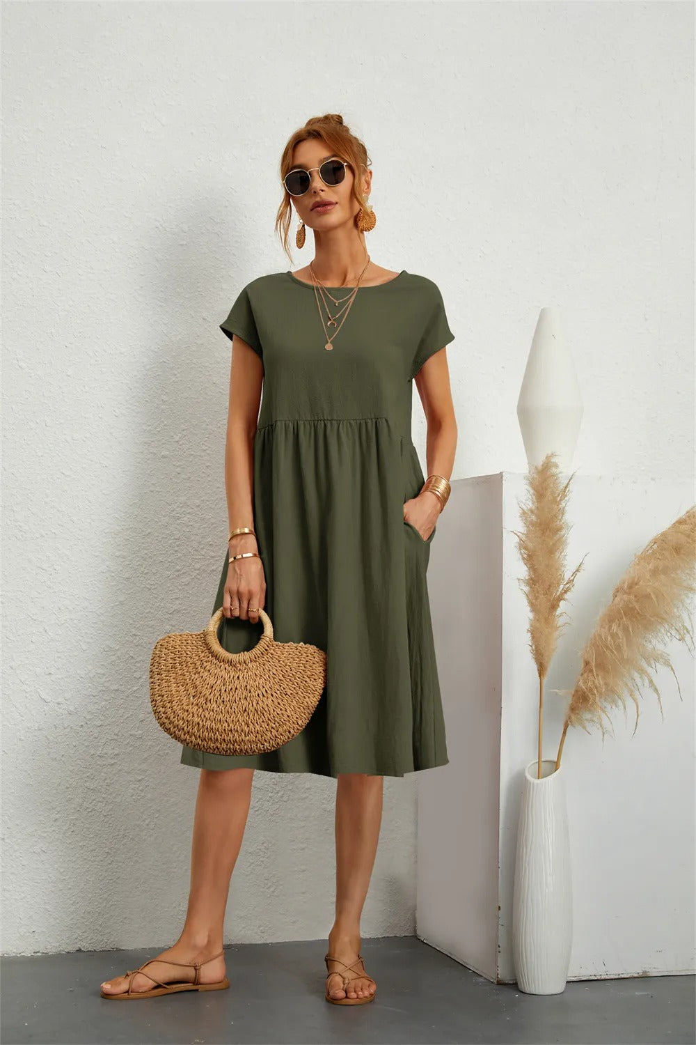 Robe midi décontractée à manches courtes pour femmes | Avec poches