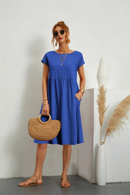 Robe midi décontractée à manches courtes pour femmes | Avec poches