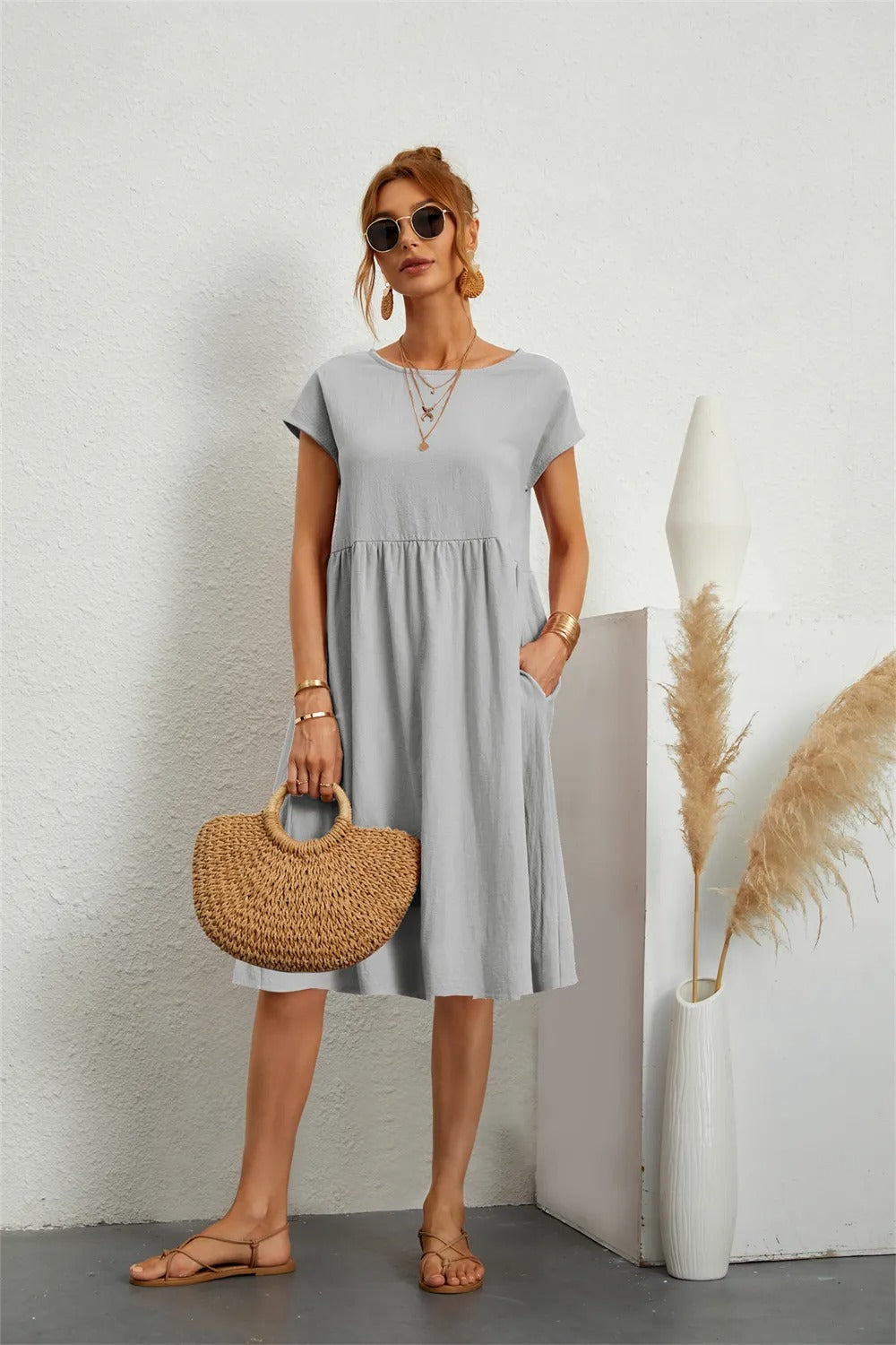 Robe midi décontractée à manches courtes pour femmes | Avec poches