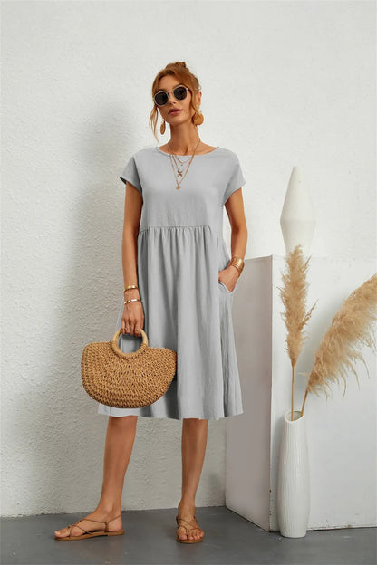 Robe midi décontractée à manches courtes pour femmes | Avec poches