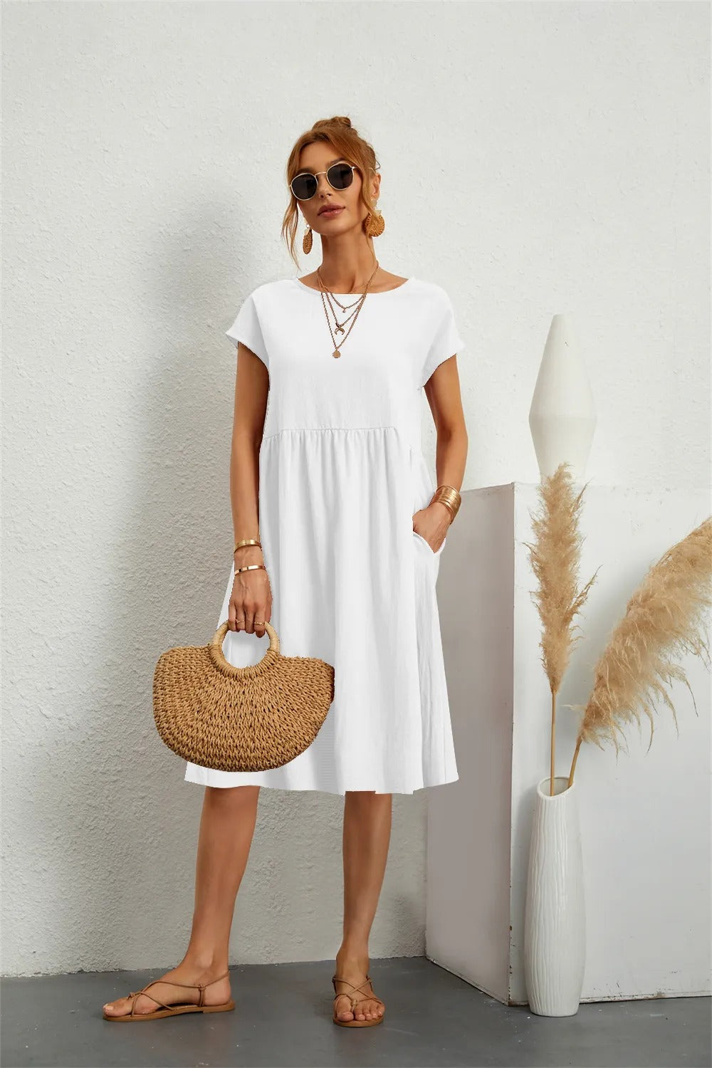 Robe midi décontractée à manches courtes pour femmes | Avec poches
