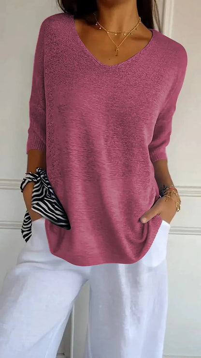 T-shirt décontracté à manches 3/4 et col en V pour femmes