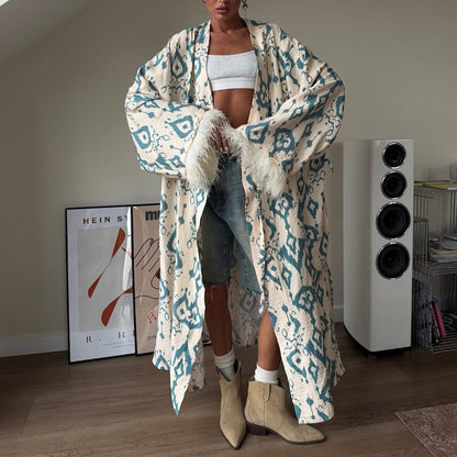 Kimono maxi-manteau beige turquoise imprimé à manches plumes pour femmes - Rachele