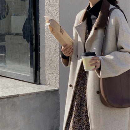 Long manteau en mélange de laine beige avec col marron – Ambra