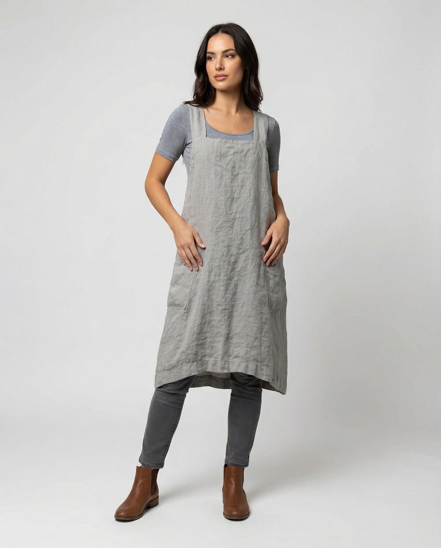 Vestito grembiule senza maniche da donna con scollo quadrato | con tasche