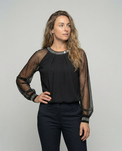 Blouse noire festive pour femmes | Manches longues