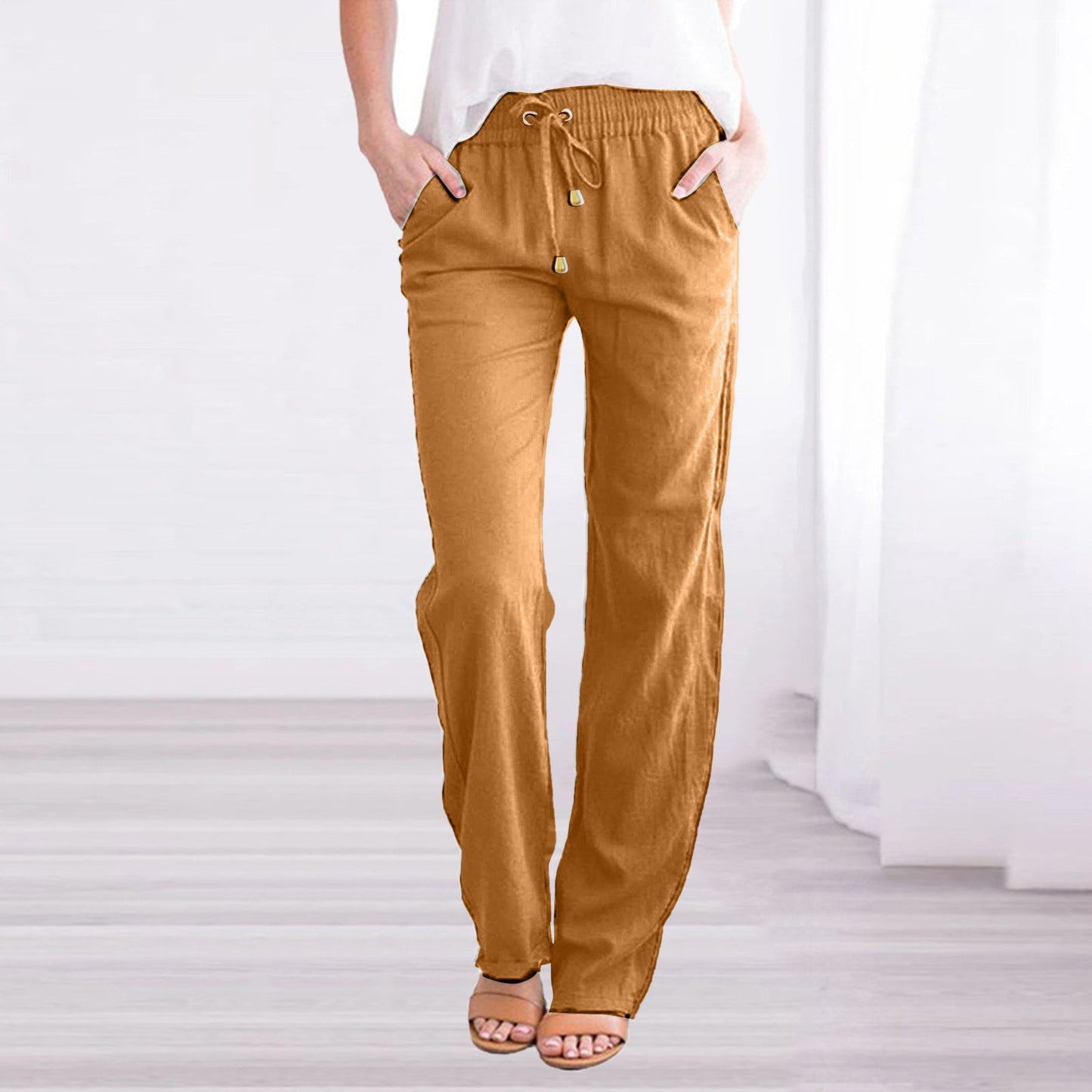 Pantalon d'été décontracté en lin pour femme | Avec cordon de serrage