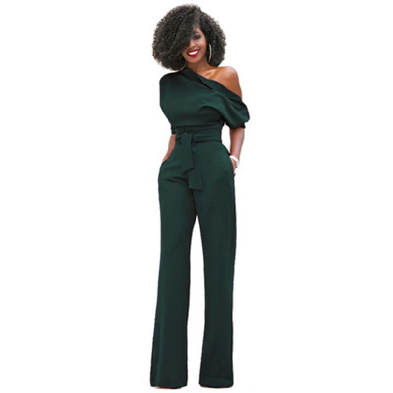 Combinaison femme une épaule jambes larges | avec ceinture à la taille
