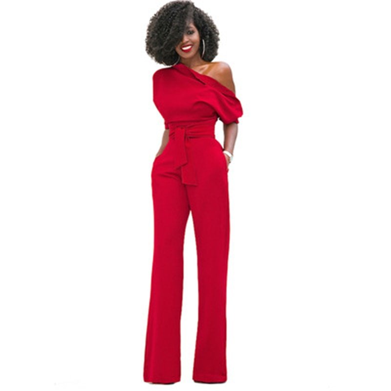 Combinaison femme une épaule jambes larges | avec ceinture à la taille