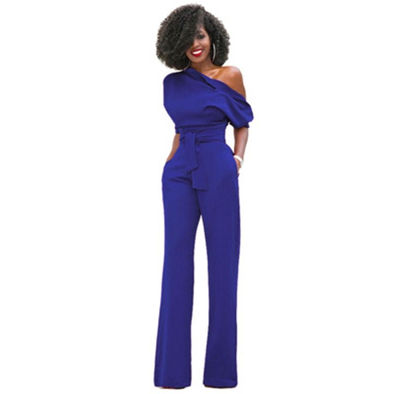 Combinaison femme une épaule jambes larges | avec ceinture à la taille