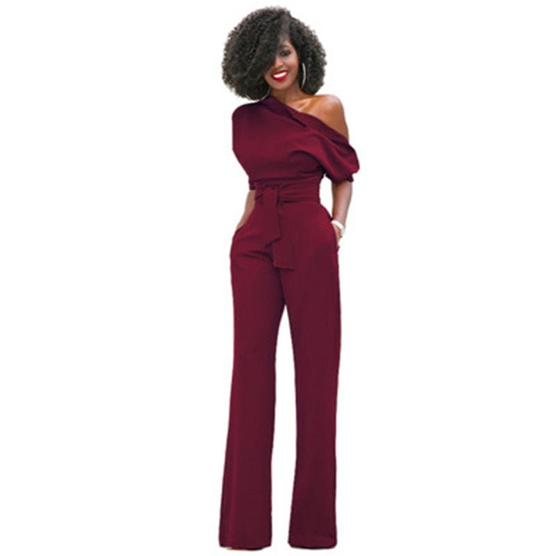 Combinaison femme une épaule jambes larges | avec ceinture à la taille